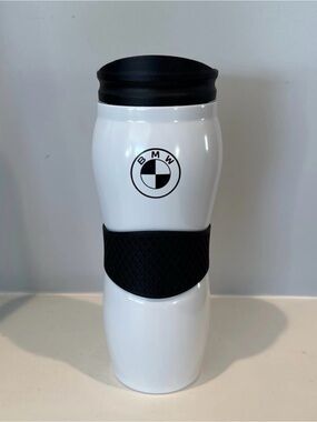 BMW White and Black Insulated Travel Mug with Logo. New in box. 8” tall